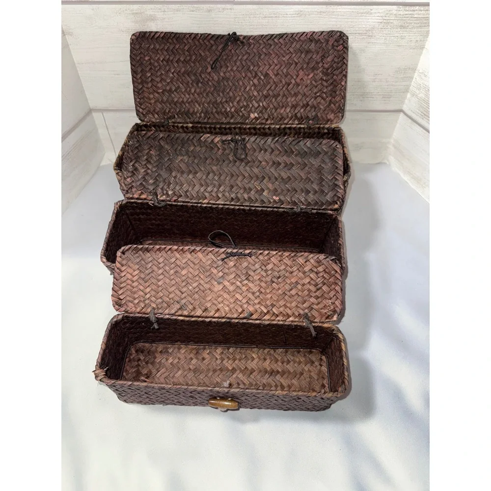 Set of 3 Nesting Woven Seagrass Storage Baskets Dark‎ Brown Rectangle Lidded Box
